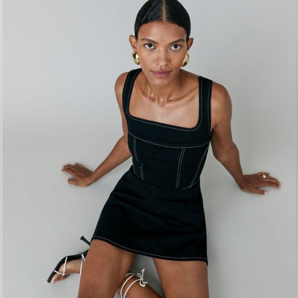 Reformation Davies bustier corset denim little black mini dress size 2 - Picture 2 of 8